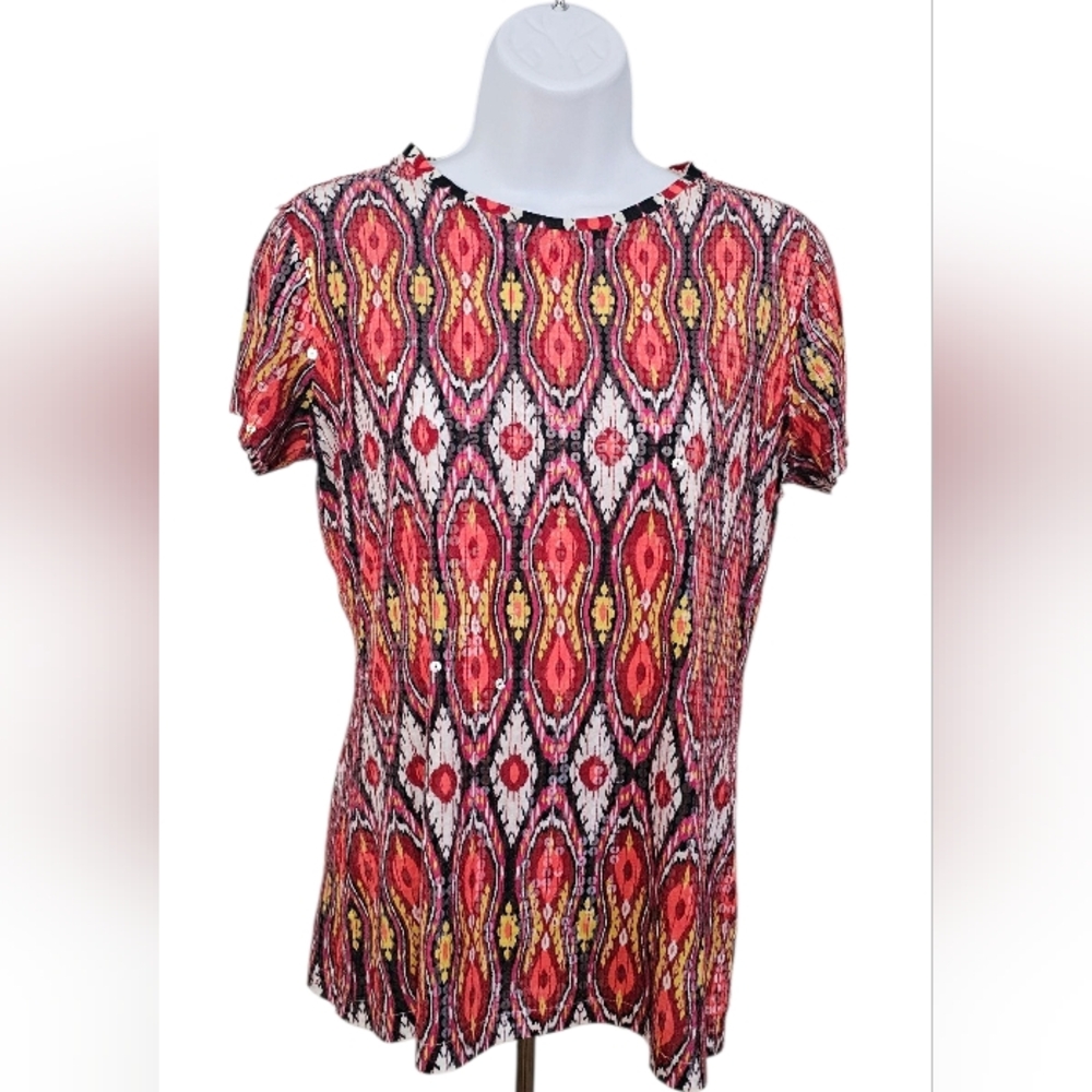 Tory Burch XS ikat sequin short sleeve shirt 100% cotton clear overlay sequins